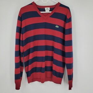 Lacoste Mens Striped V Neck Sweater Red Navy 6/XL Preppy Old Money Quiet Luxury